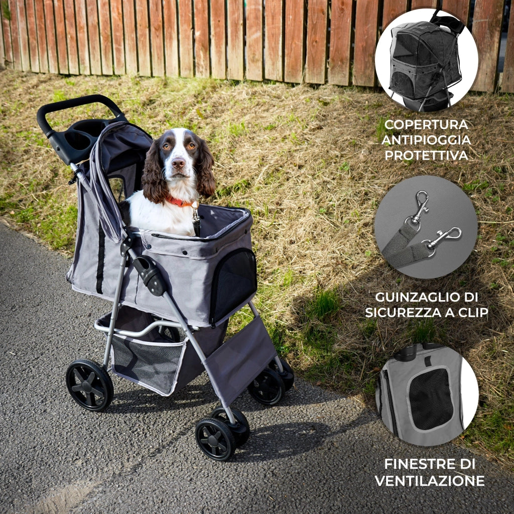 Passeggino per animali domestici Trasportino pieghevole Trolley da viaggio per gatti e cani Copertura anti-pioggia – Grigio