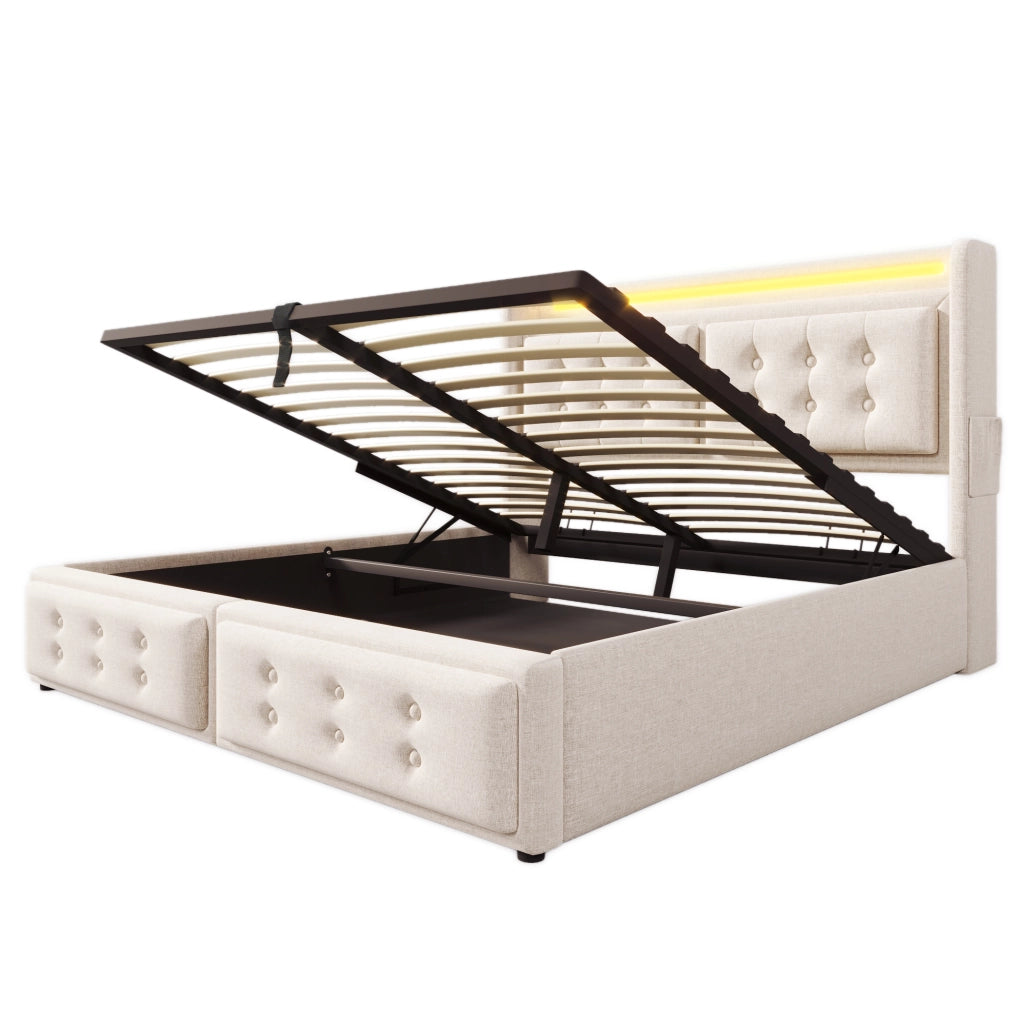 Letto matrimoniale 140x200 cm con contenitore; LED; prese e USB-C; tessuto cotone lino beige
