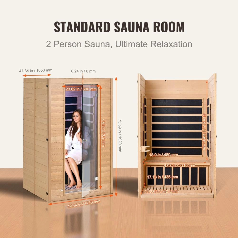 Sauna Infrarossi Lontani 2 Persone Legno Hemlock Basso EMF Vetro Temperato Bluetooth 1800W Interno