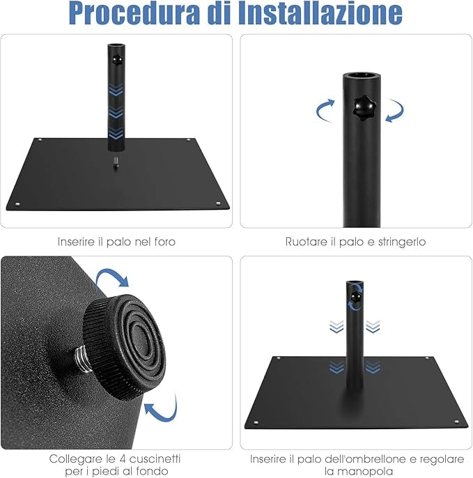 Base per Ombrellone Quadrata da Patio 50cm all'Aperto da 16kg con 4 Piedini Regolabili, Adattatori da 4cm/5cm Manopola di Serraggio Installazione Veloce, per Patio Piscina
