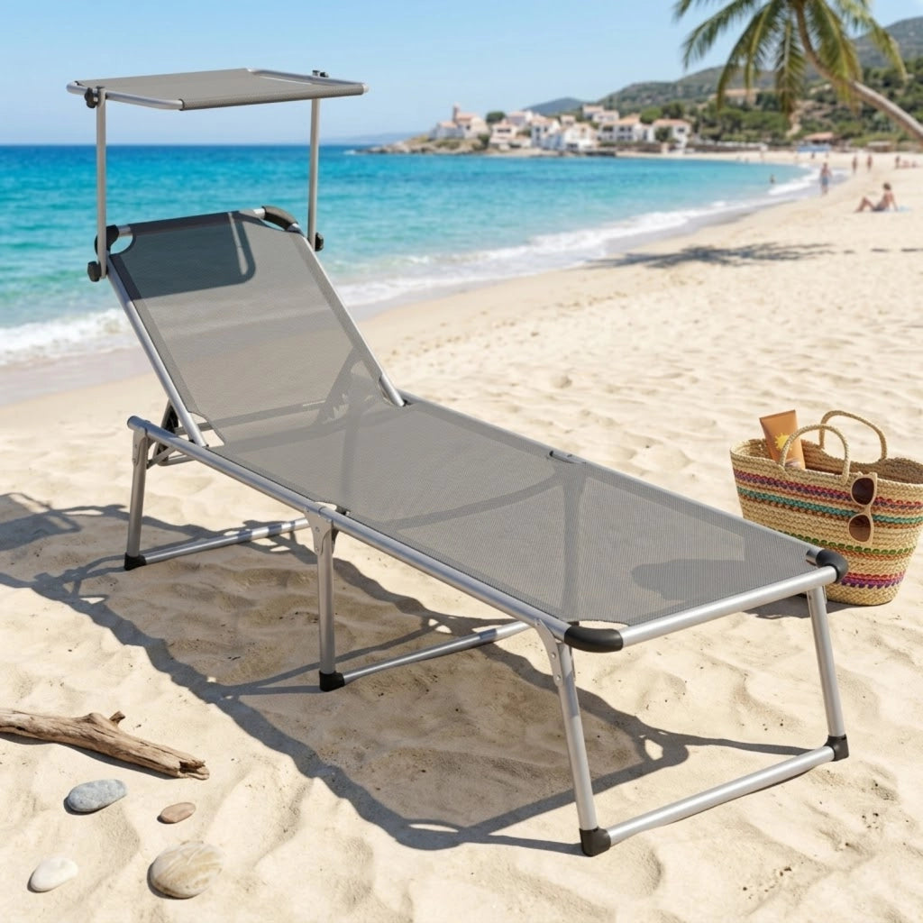 Lettino Pieghevole Prendisole Con Tettuccio Parasole Schienale Reclinabile Regolabile in 6 Posizioni Sedia Sdraio Per Spiaggia Mare Giardino Piscina 187 x 59 x 29 Cm Grigio Scuro