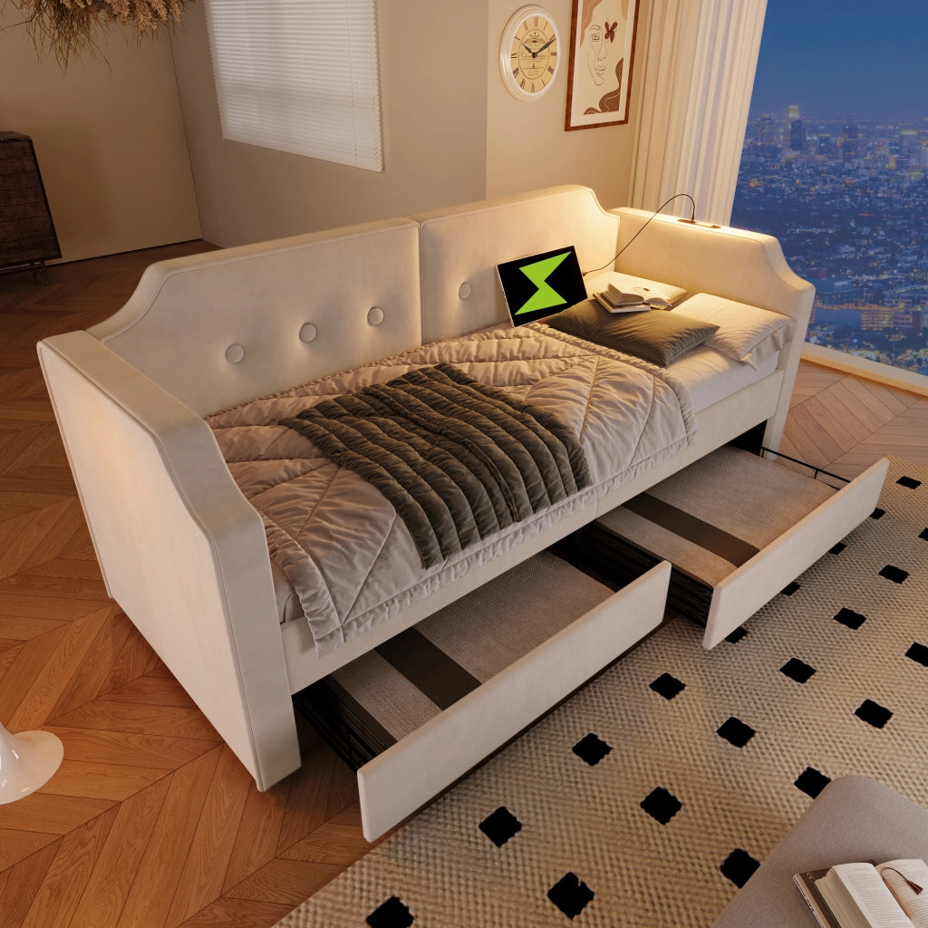Letto imbottito 90x200 cm in velluto beige con USB Type-C, luce da lettura e 2 cassetti contenitore