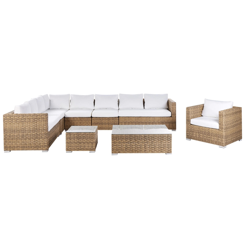 Set da giardino 8 posti in rattan color marrone chiaro lato destro con cuscini beige Divano ad angolo Poltrona Tavolino da caffè