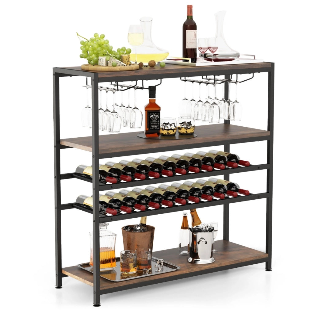 Mobile portabottiglie a 5 livelli con 2 ripiani porta vini 4 porta calici-Portabottiglie da terra 100x35x101cm