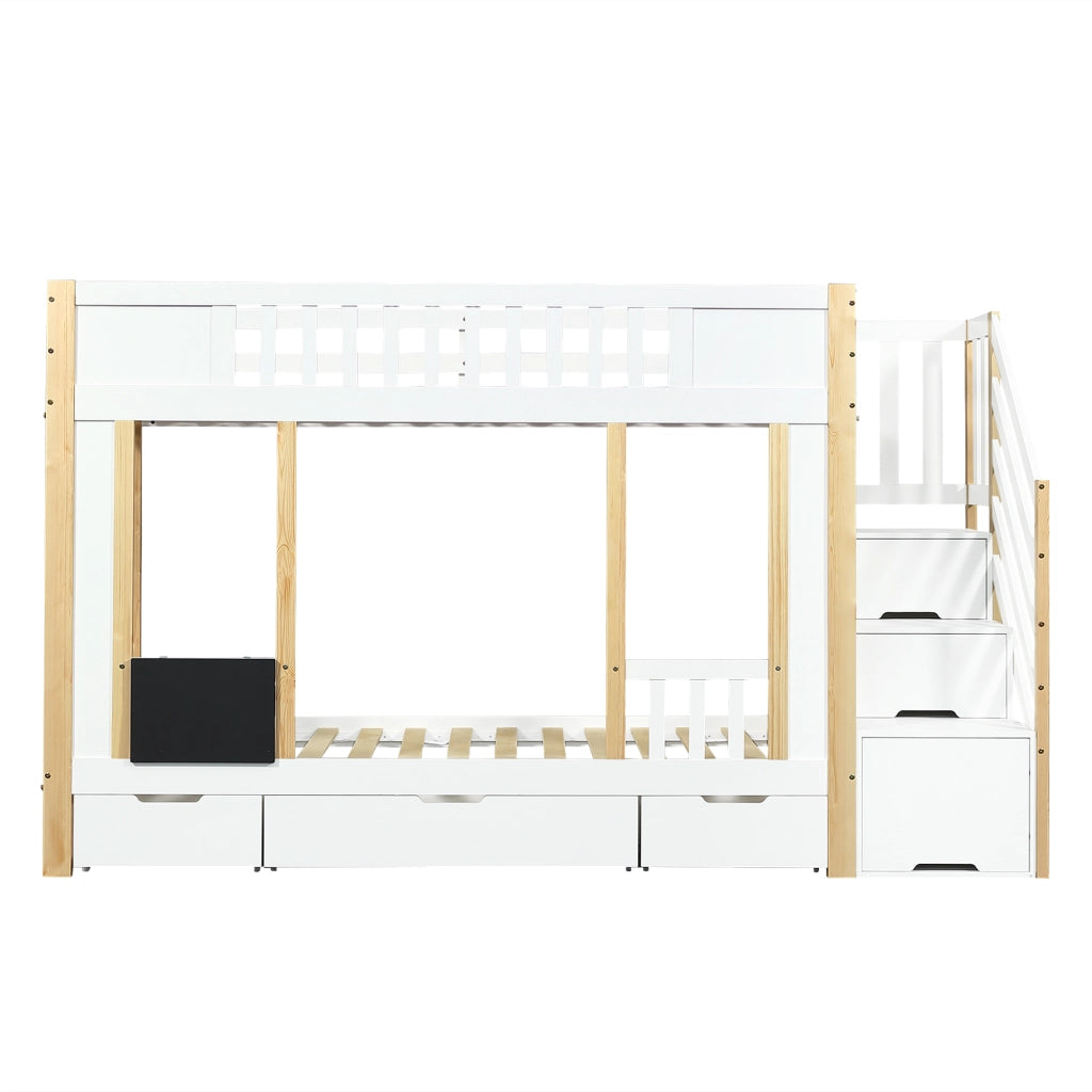 LETTO A CASTELLO BAMBINI 90x200 cm Bianco+Naturale con 3 cassetti e scala contenitore