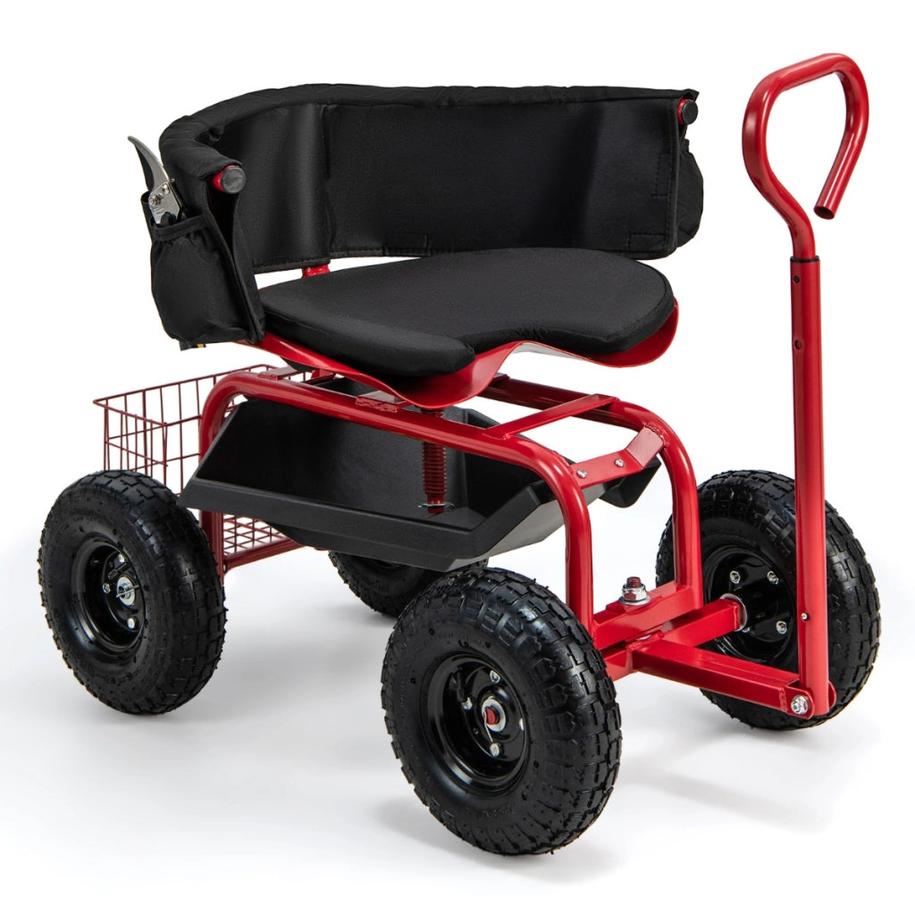 Carrello da giardino con ruote 26cm sedile girevole manico telescopico, Sgabello da giardinaggio Rosso-Attrezzi da giardino
