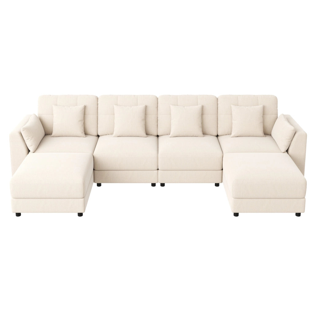 DIVANO Modulare U/L 292x135x82 cm Chenille Beige con 2 Hocker
