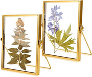 Doppia cornice fotografica in vetro 2 pezzi 15 x 20 cm - cornice in vetro - fiori stampati - ottone - comodino per foto - fiori essiccati - opere d'arte per esposizione fotografica .