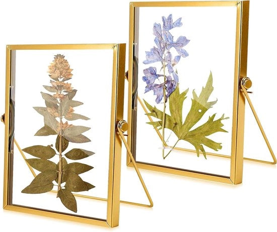 Doppia cornice fotografica in vetro 2 pezzi 15 x 20 cm - cornice in vetro - fiori stampati - ottone - comodino per foto - fiori essiccati - opere d'arte per esposizione fotografica .