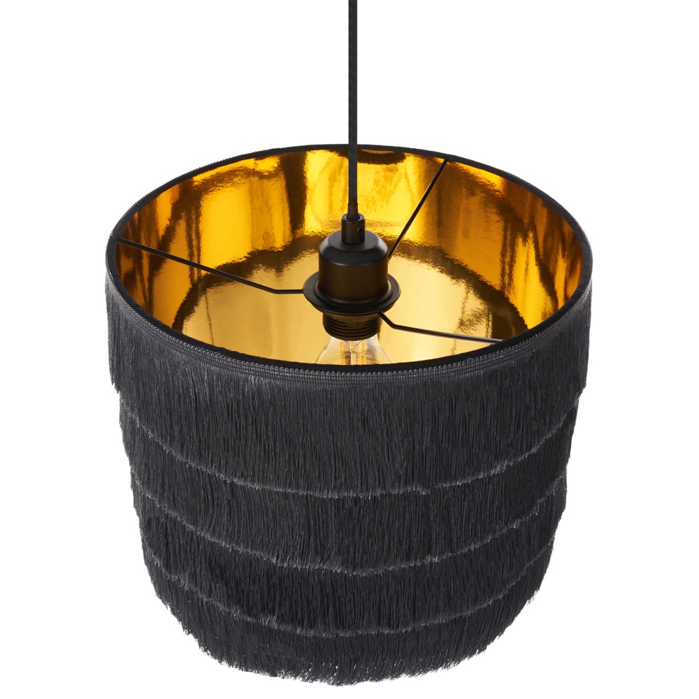 Lampada a sospensione in tessuto poliestere nero con frange Design moderno Luce per il soggiorno