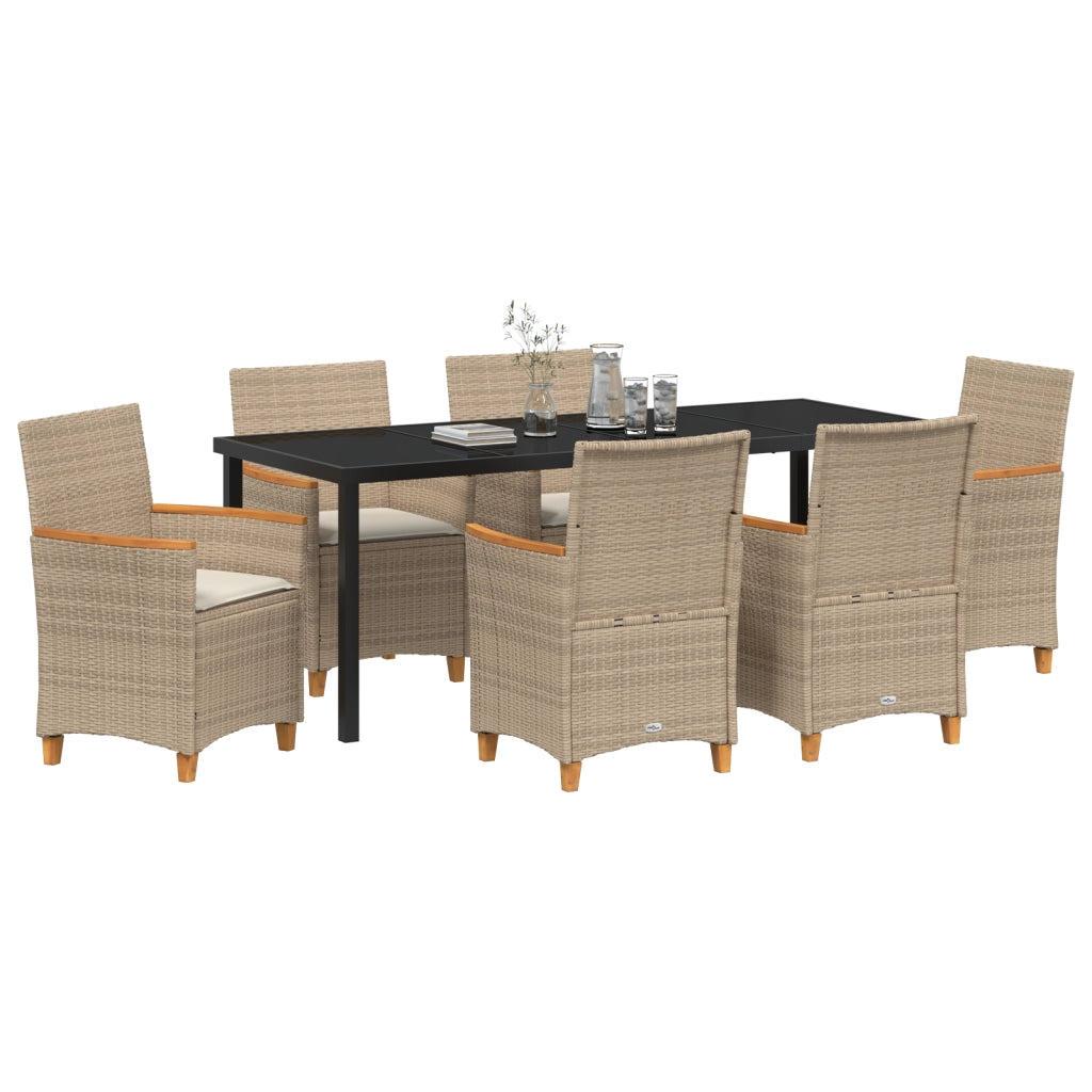 Set da Pranzo da Giardino da 7 Pezzi con Cuscini Beige in Rattan Poly
