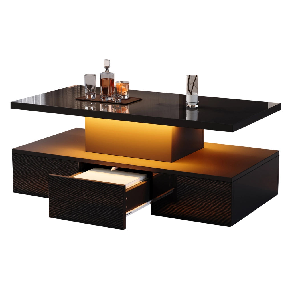 Tavolino da caffè LED nero 100x50x39 cm con cassetto e ripiano