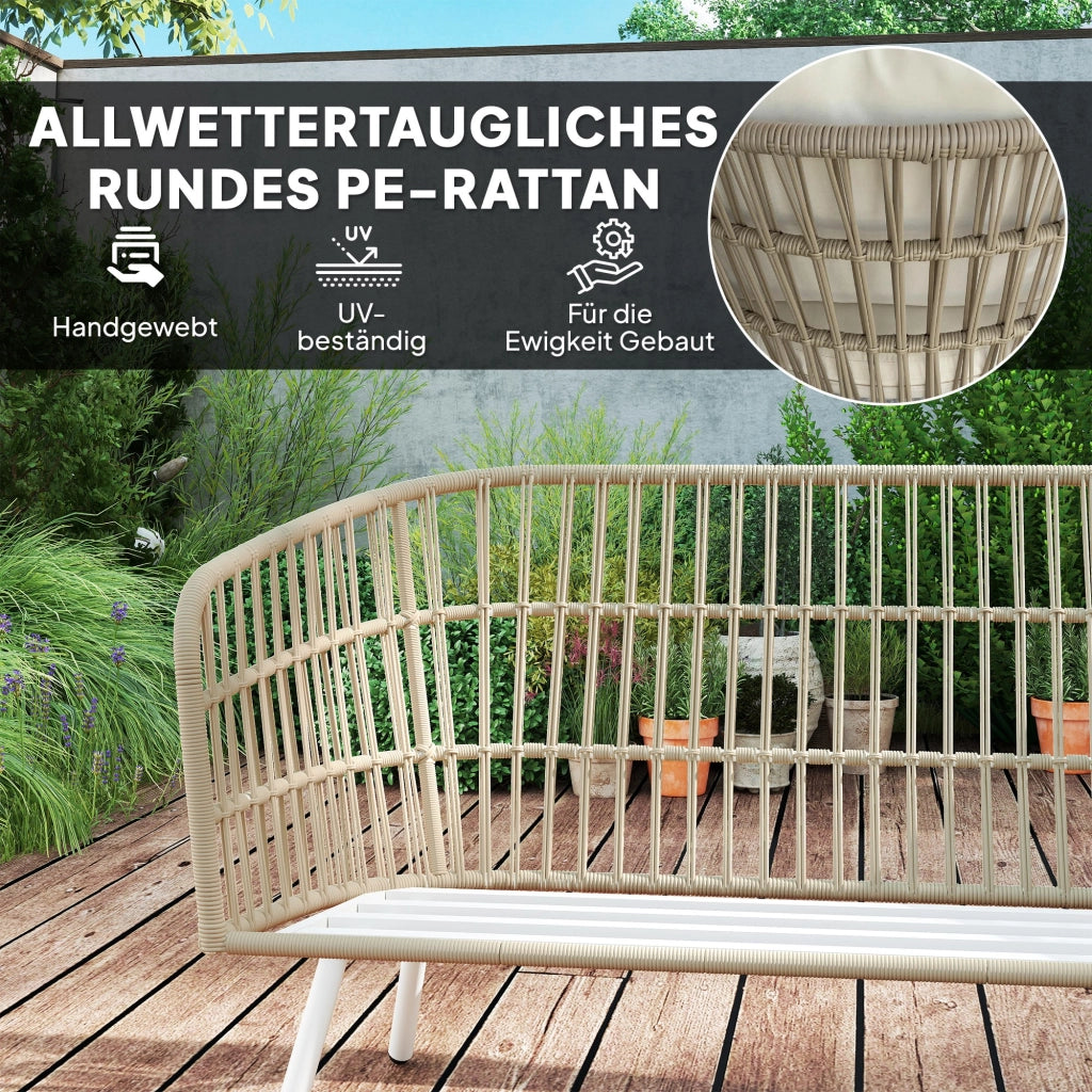 Mobili da giardino in polirattan a 4 posti: Divanooo a 2 posti + poltrona + tavolo + cuscini; resistente; kaki