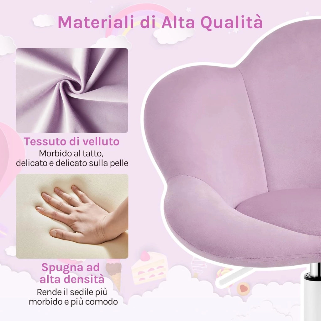 Sedia da Scrivania per Bambini, Sedia Ufficio Ergonomica Girevole e Regolabile in Altezza con Rotelle, Seduta a Forma di Fiore per Studio, Camera da Letto, Velluto, Viola Pastello