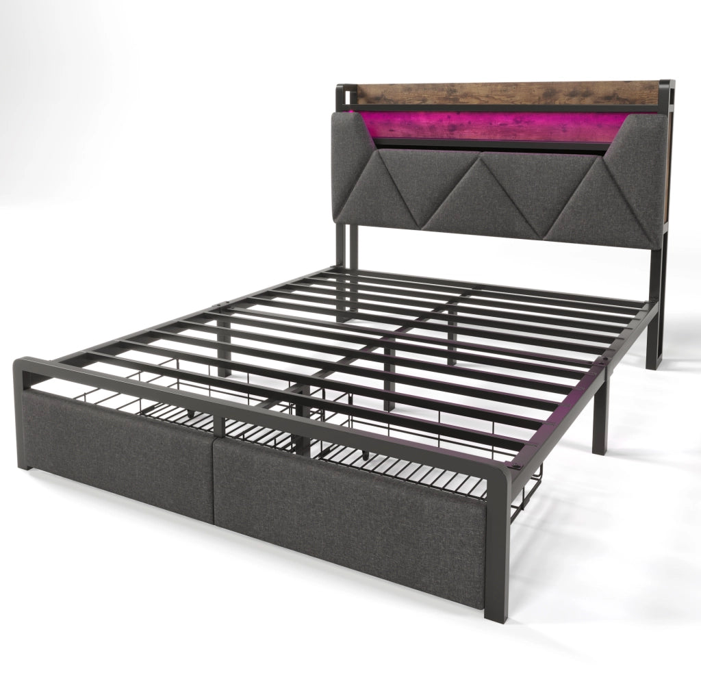 Letto imbottito 160x200 con testiera contenitore; LED; USB e 2 cassetti; grigio