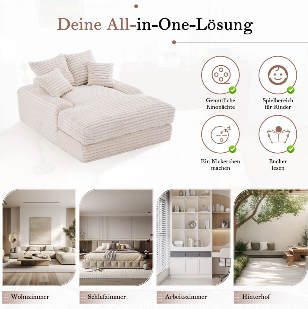 Chaise longue in velluto a coste beige con 4 cuscini