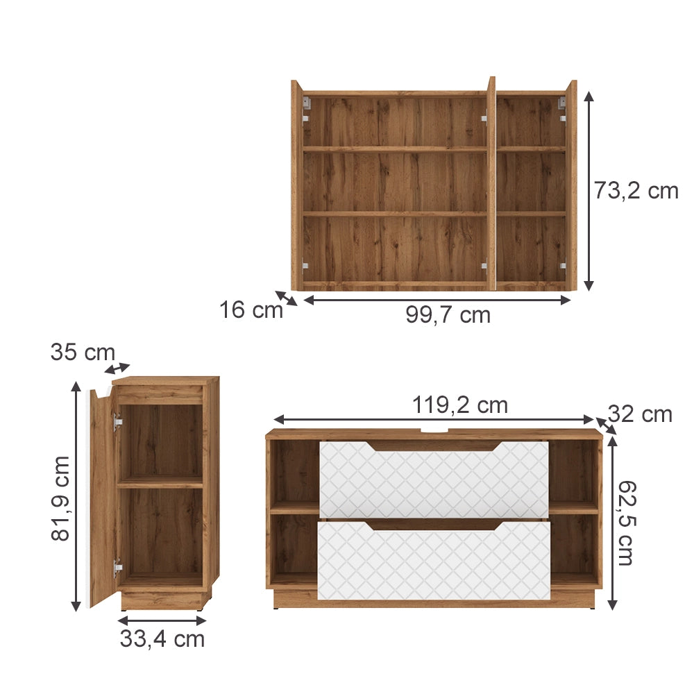 Vicco Set di mobili da bagno Rovere/bianco con struttura in piastrelle 3 parti