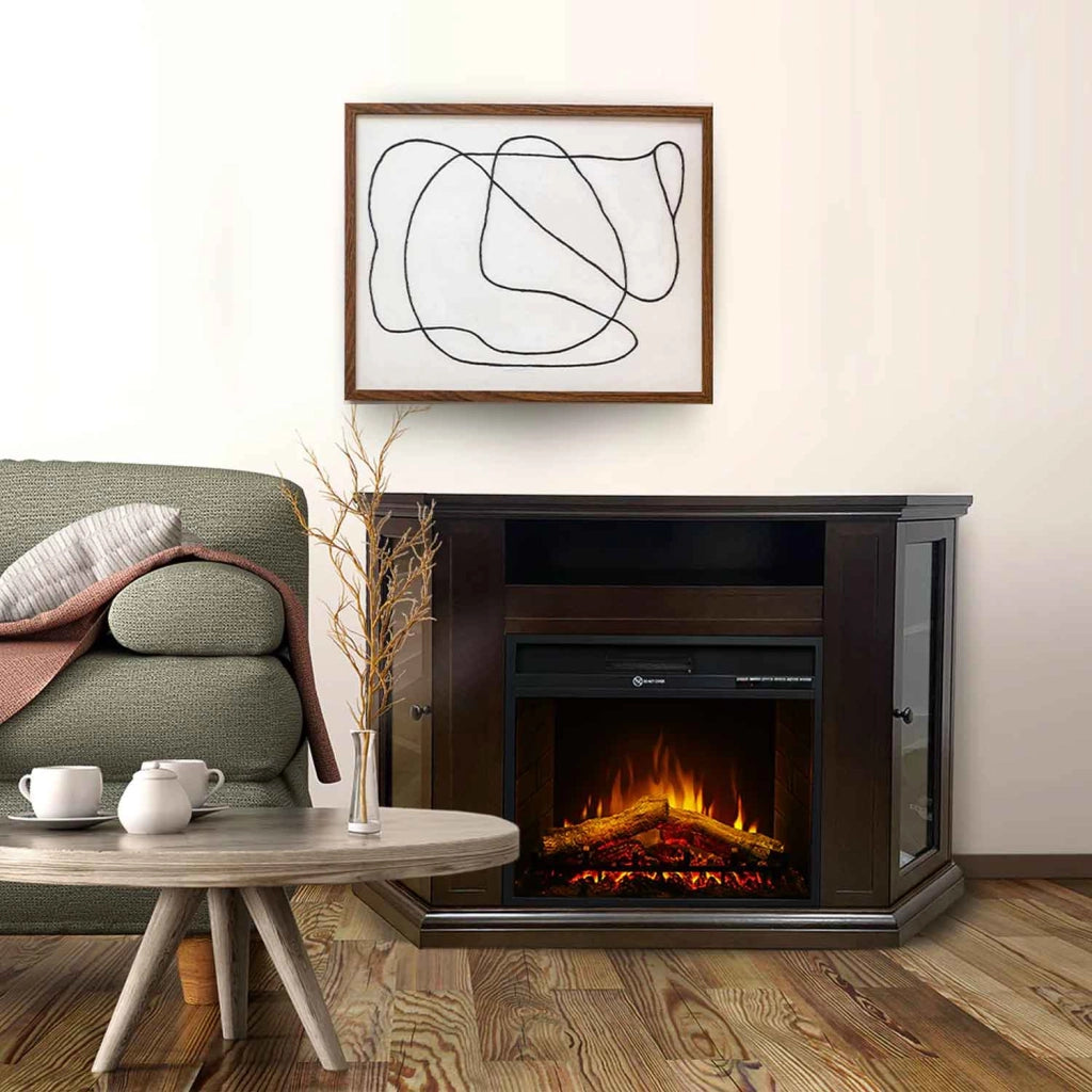 Madison - Camino elettrico angolare da terra 126x78xH83 cm, con effetto fiamma, colore legno noce