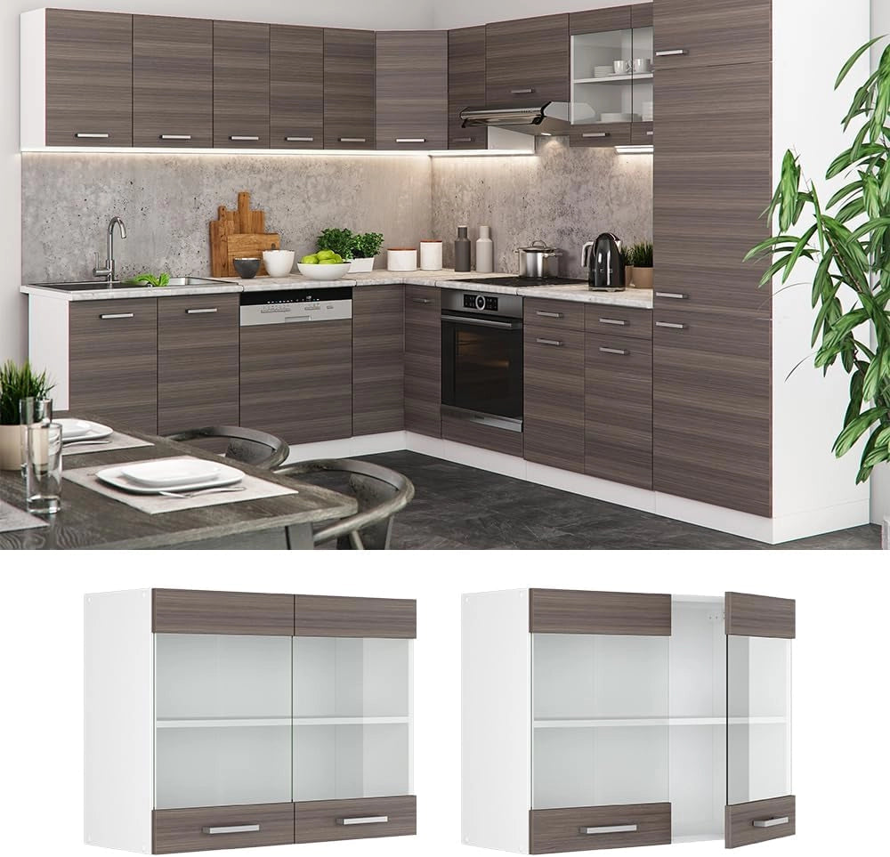 Mobile da cucina in vetro R-Line, Grigio nobile, 80 cm, per la libera combinazione all'interno di sistemi cucina modulari