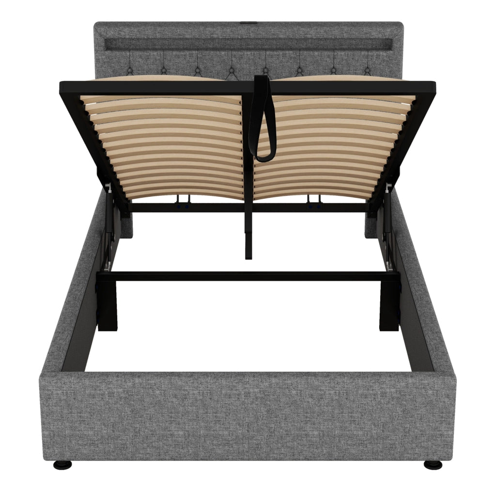 Letto matrimoniale 140x200 cm imbottito con contenitore; LED RGB; USB e USB-C; grigio