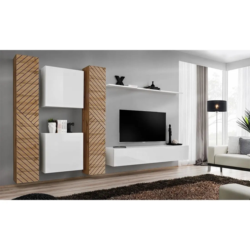 Set di mobili da salotto design SWITCH VI, quercia/bianco, finitura quercia effetto fresato e bianco lucido