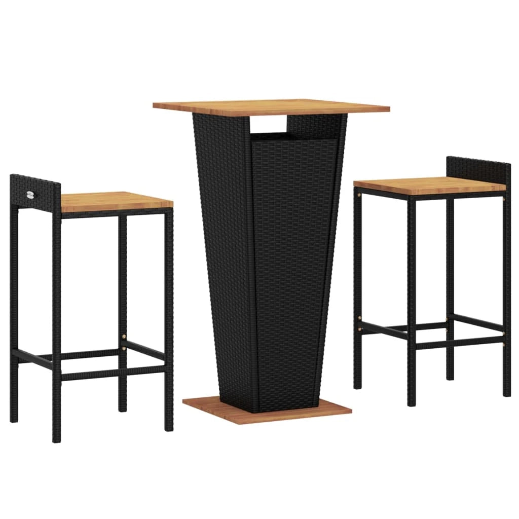 Set bar da giardino mobili da esterno terrazza 3 pezzi polyrattan nero/legno massiccio di acacia 02_0013477