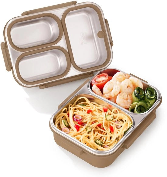Lunchbox Metallico con 2 Scomparti Interni - Contenitore da 900 ml in Acciaio Inox, adatto per Scuola, Ufficio e Viaggio. Contenitore in Acciaio Inox, ideale per tutte le età. (1, Marrone)