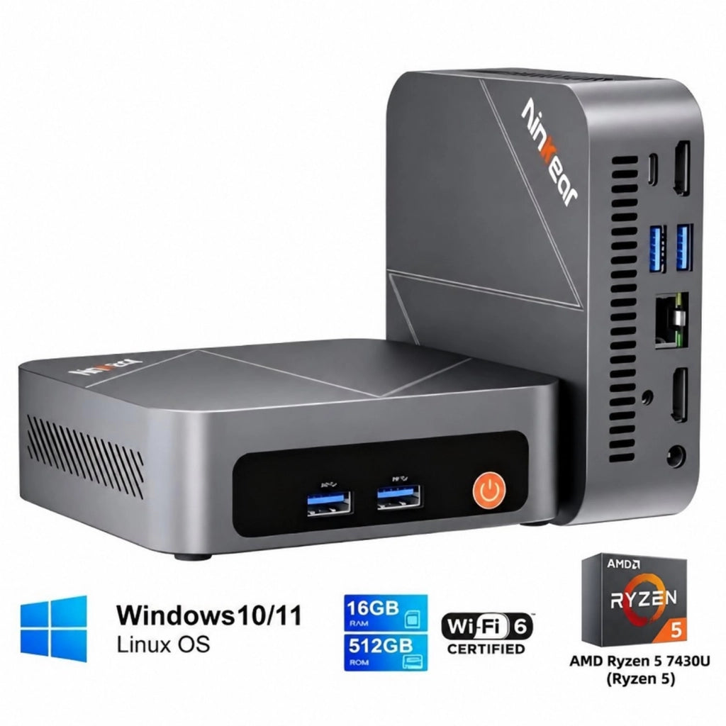 Mini PC ¨C AMD Ryzen 5 7430U (Ryzen 5) ¨C 16 GB DDR4 ¨C SSD M.2 da 512 GB ¨C Windows 11 Pro ¨C WiFi 6 ¨C BT 5.2 ¨C Doppia porta HDMI 2.0 ¨C Argento, scocca interamente in metallo