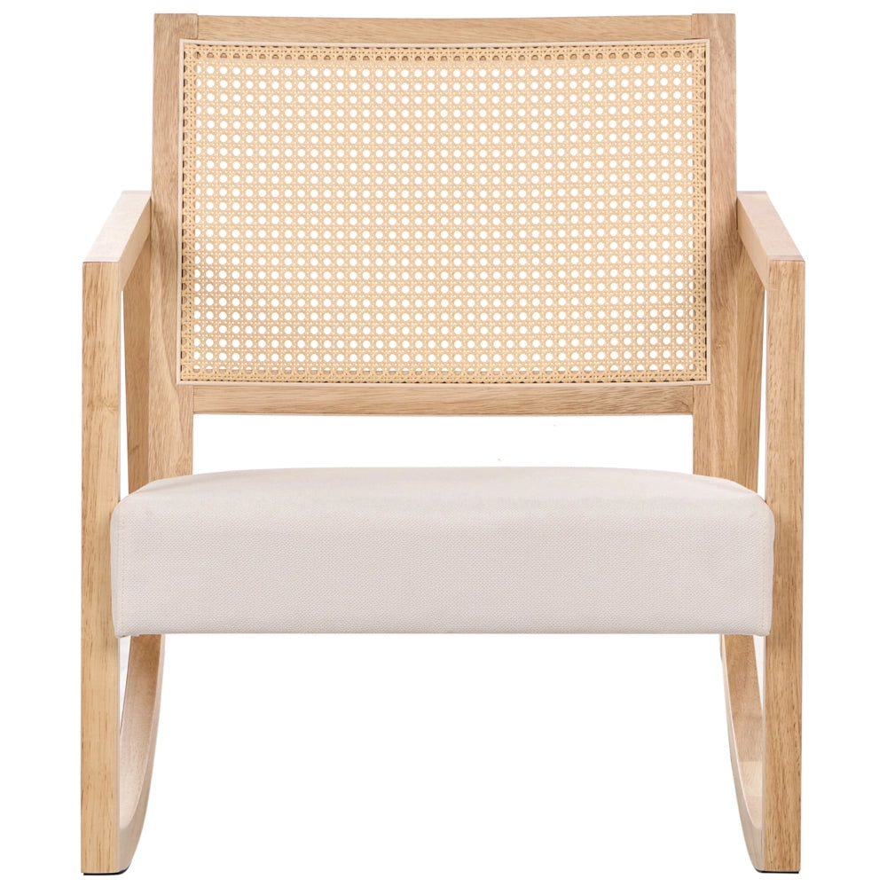 Poltrona a dondolo con rivestimento in tessuto marrone chiaro e beige chiaro schienale intrecciato struttura in legno per salotto e camera da letto