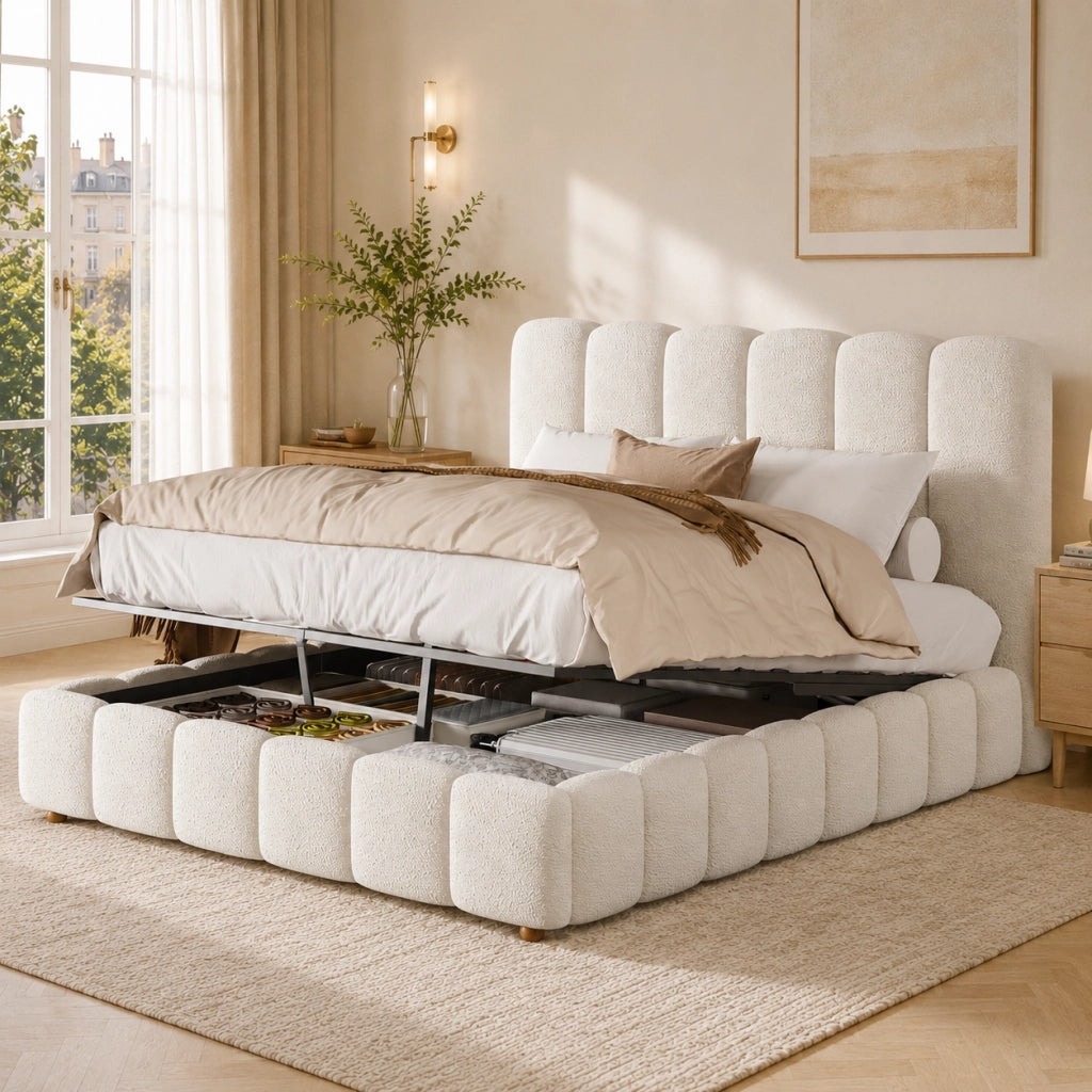 Letto imbottito con contenitore idraulico e testiera, 140x200 cm, bouclé bianco