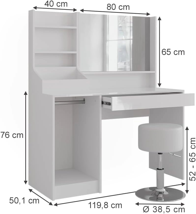 Tavolo da toeletta Sherry, Bianco/bianco lucido, 119.8 cm 4 parti