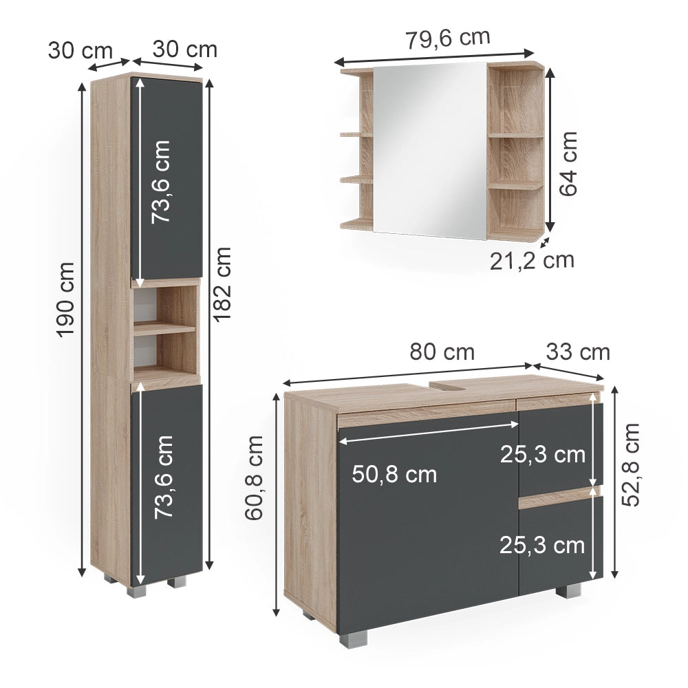 Vicco Set mobili bagno Sonoma 3 parti, con armadio alto