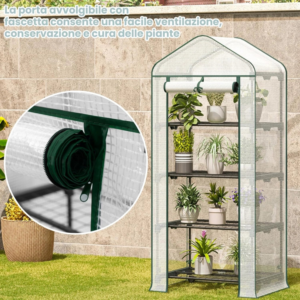 Serra da Giardino, con Ruote, Serra da Balcone, 70x50x162 cm, Copertura in PE 140 g/m², Porta a Zip Avvolgibile, per Svernamento con 3/4 Ripiani, per Interni ed Esterni, Bianco