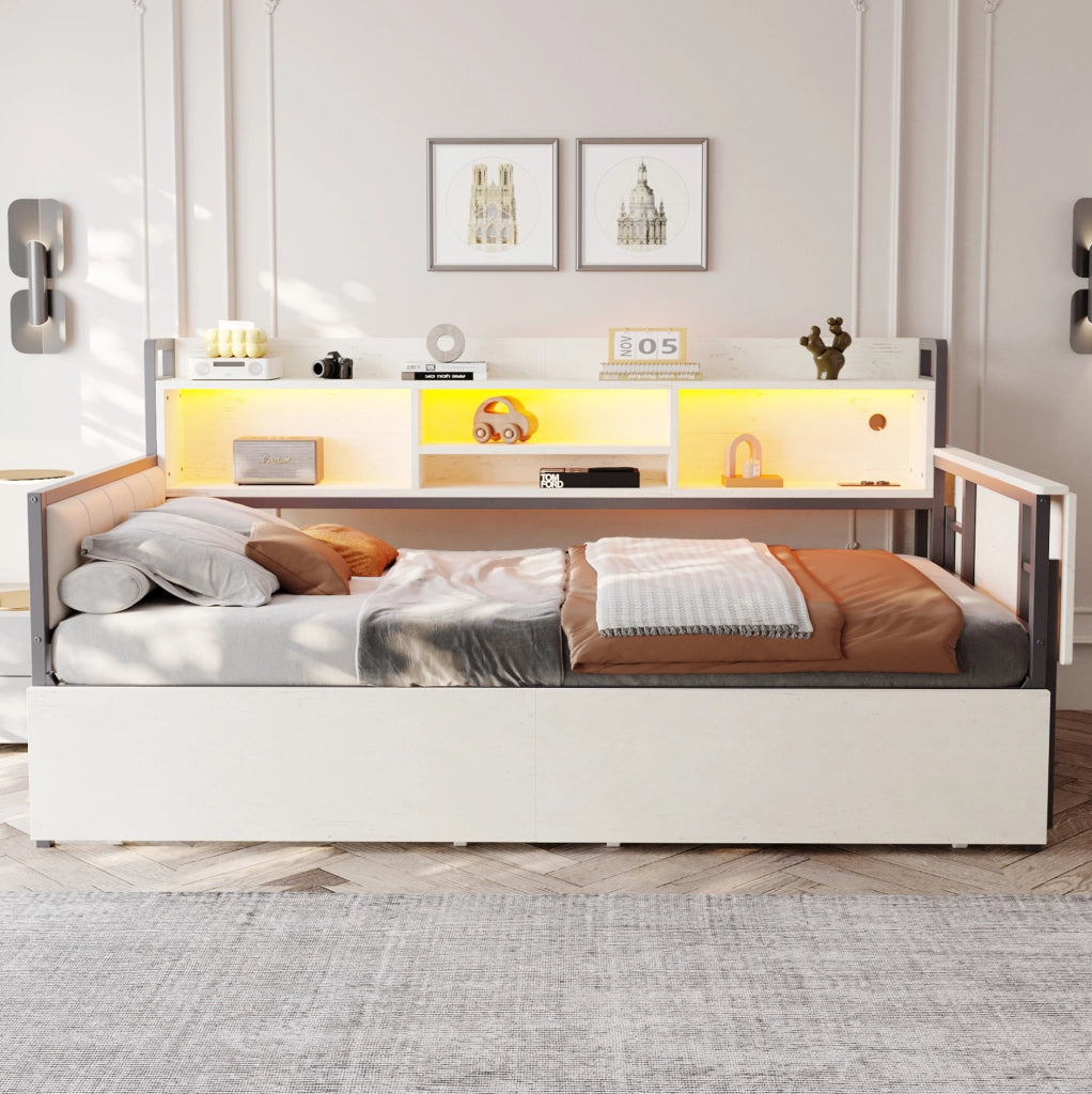 Letto 90x200 cm con scrivania estraibile; LED e cassetti