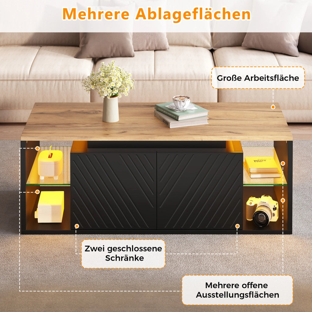Tavolino da caffè con LED e 2 ante; 100 × 50 × 41 cm; pannello truciolare; nero