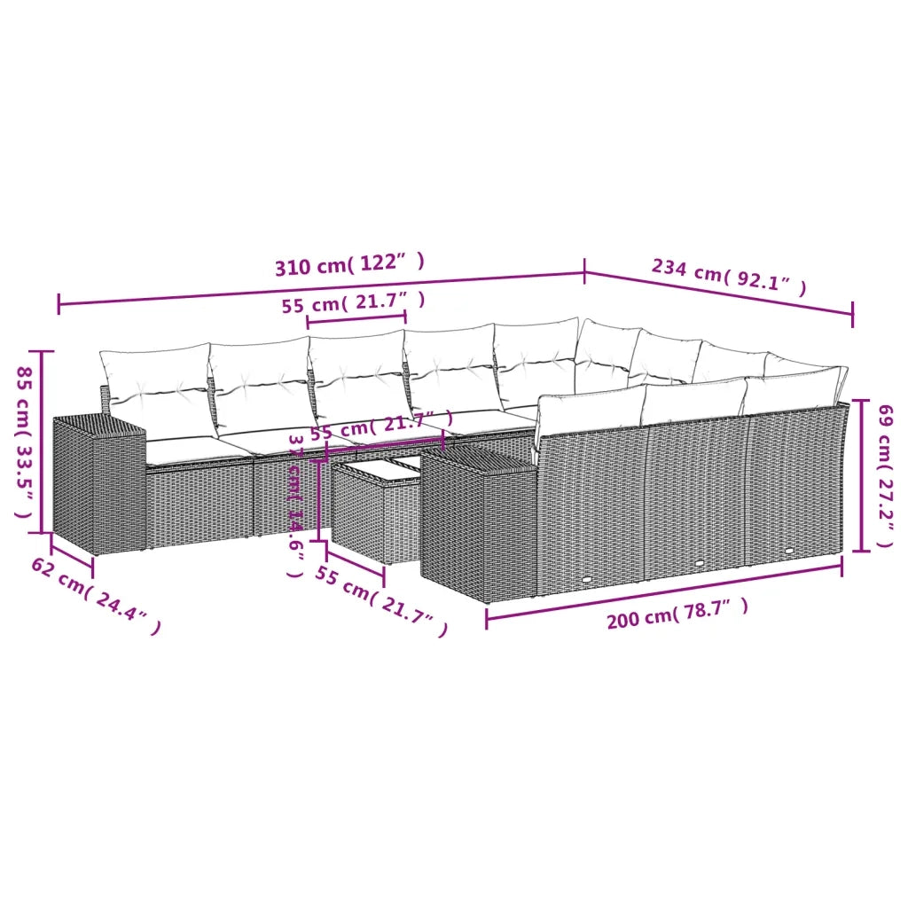 Set Divani da Giardino 11 pz con Cuscini in Polyrattan Nero 3255433