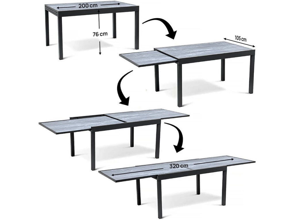 Set da pranzo da esterno estensibile "Lagos" - Tavolo estensibile 200/320 x 105 x 76 cm - 12 sedie - Nero