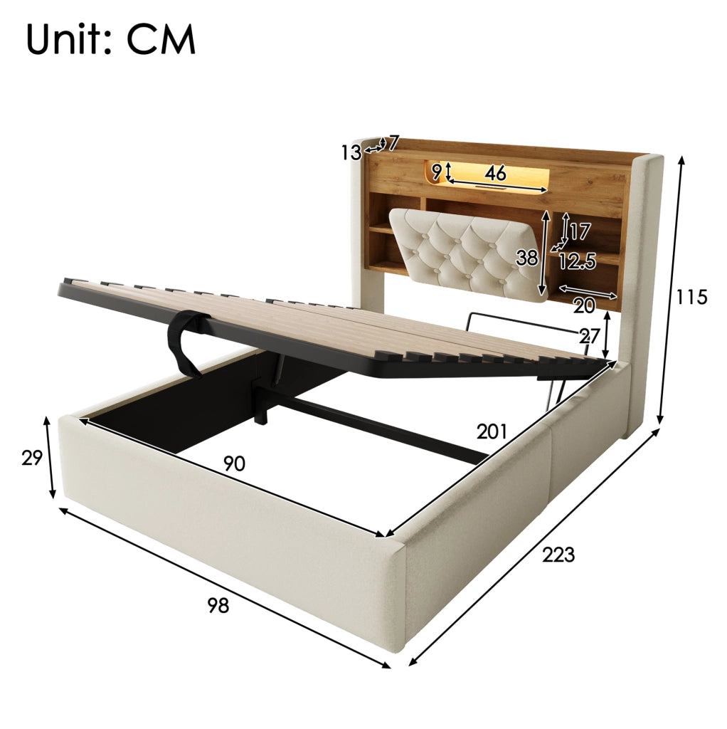 Letto matrimoniale 90x200 cm con contenitore idraulico; LED e porte USB; in lino beige