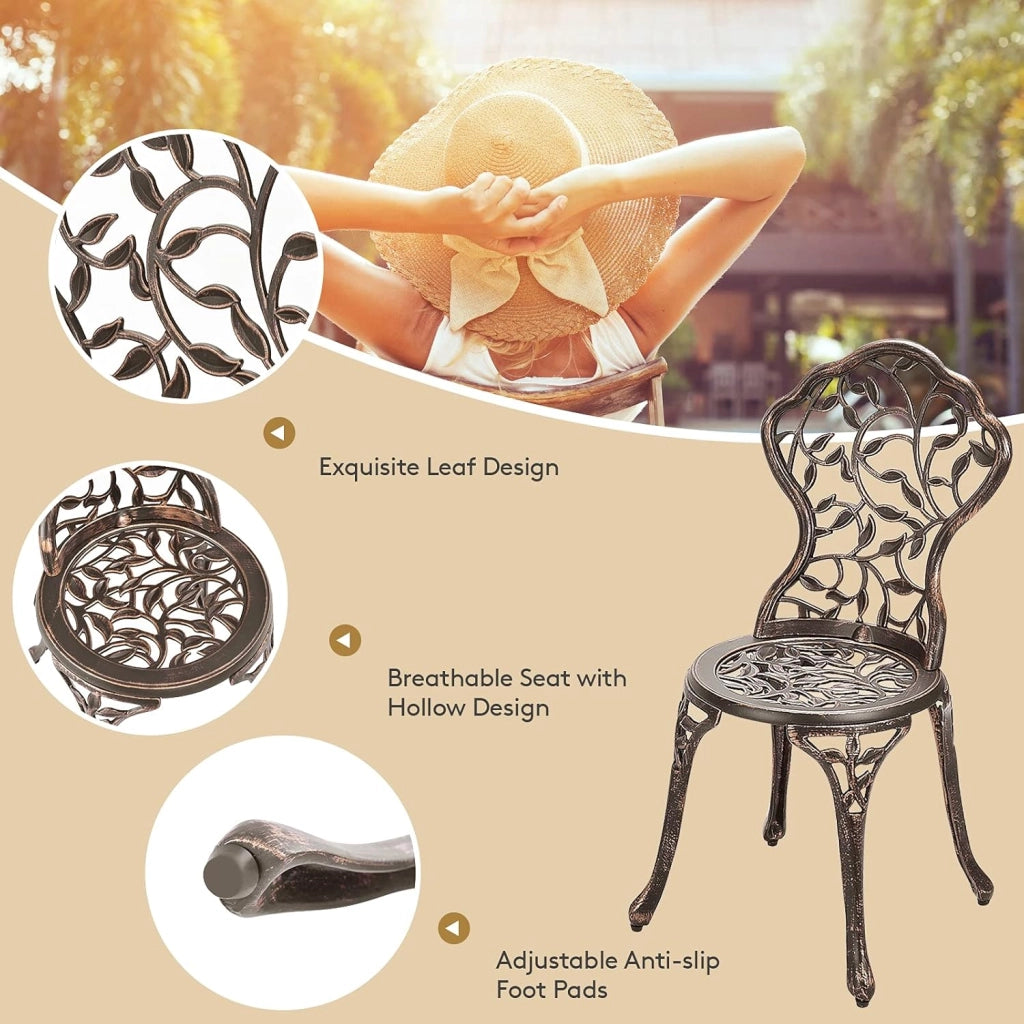 Set da Bistrot Tavolo Rotondo con 2 Sedie in Fusione di Alluminio, Set da Giardino Antico per Esterni Balcone Bordo Piscina, Bronzo