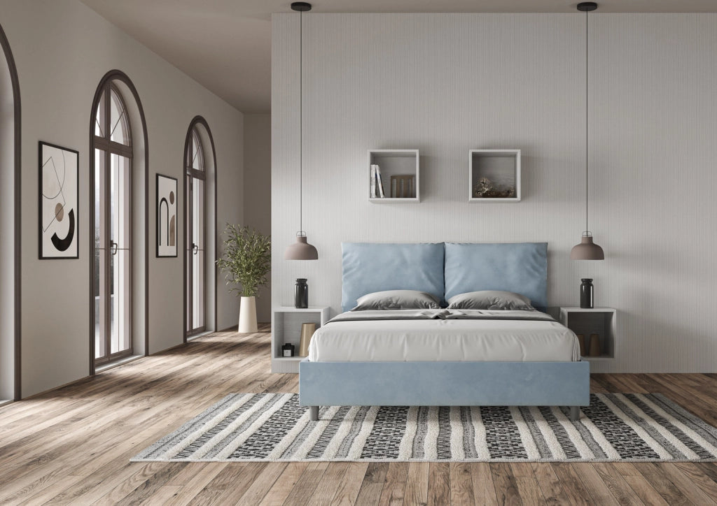 Letto Matrimoniale 160x210 cm con Rete e Contenitore Giroletto con Alzata Comoda Imbottito in Microfibra Antea Azzurro