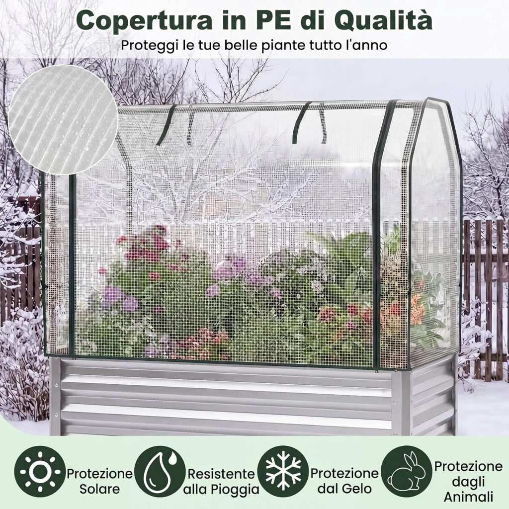 Orto Rialzato da Esterno con Serra, Fioriera Rialzata con Copertura in PE, Porta Avvolgibile con Cerniera e Guanti, Aiuola Rialzata per Verdure, Fiori e Frutta, 112 x 55 x 152 cm (Argento)