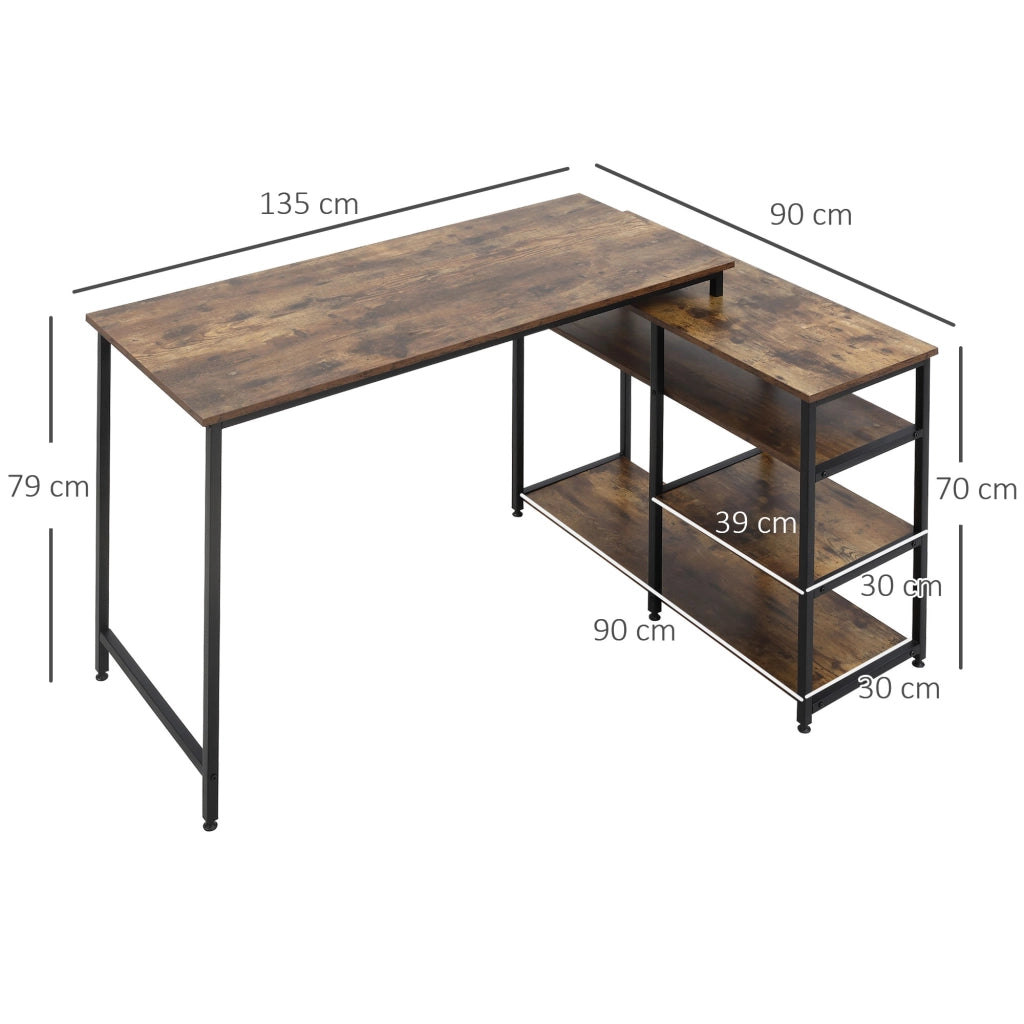 Scrivania angolare con 3 ripiani, per ufficio e home office, in truciolato e acciaio, nero, 135 × 90 × 79 cm