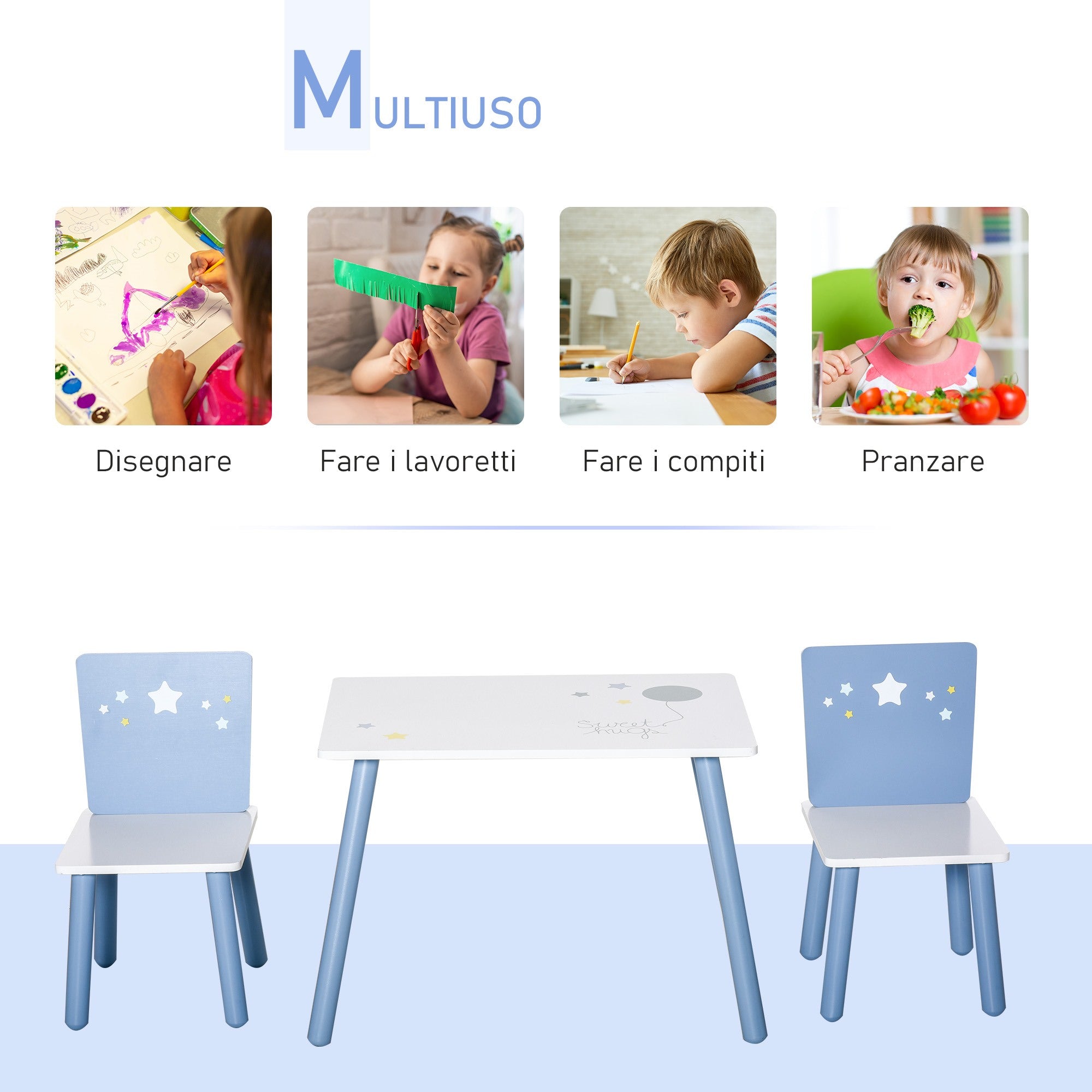 Easycomfort Tavolo e Sedie per Bambini e Bambine 2-4 Anni in Legno Azzurro e Bianco, Set 3 Pezzi