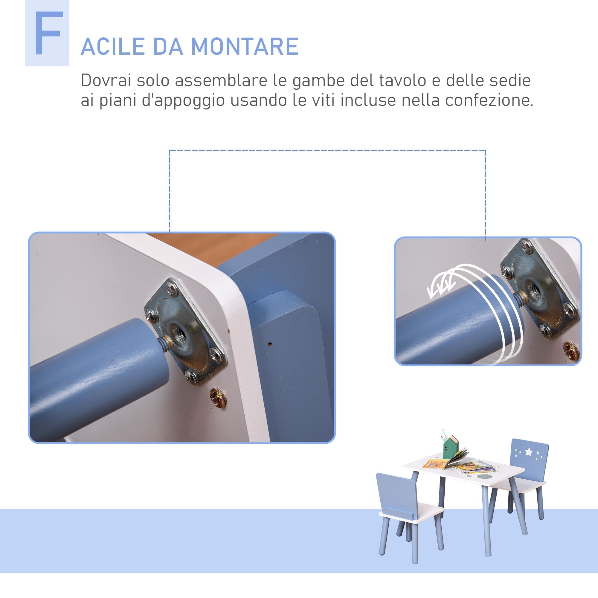 Easycomfort Tavolo e Sedie per Bambini e Bambine 2-4 Anni in Legno Azzurro e Bianco, Set 3 Pezzi