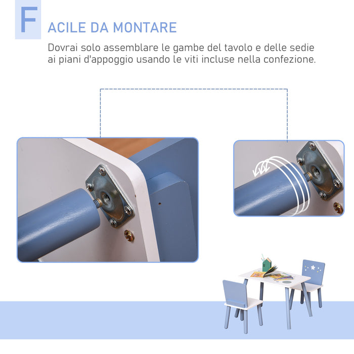 Easycomfort Tavolo e Sedie per Bambini e Bambine 2-4 Anni in Legno Azzurro e Bianco, Set 3 Pezzi