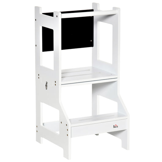 Easycomfort Scala Montessori 2 in 1 in MDF Staccabile, con Sgabello, Lavagna Inclusi, per Bambini 3-6 Anni, Bianco