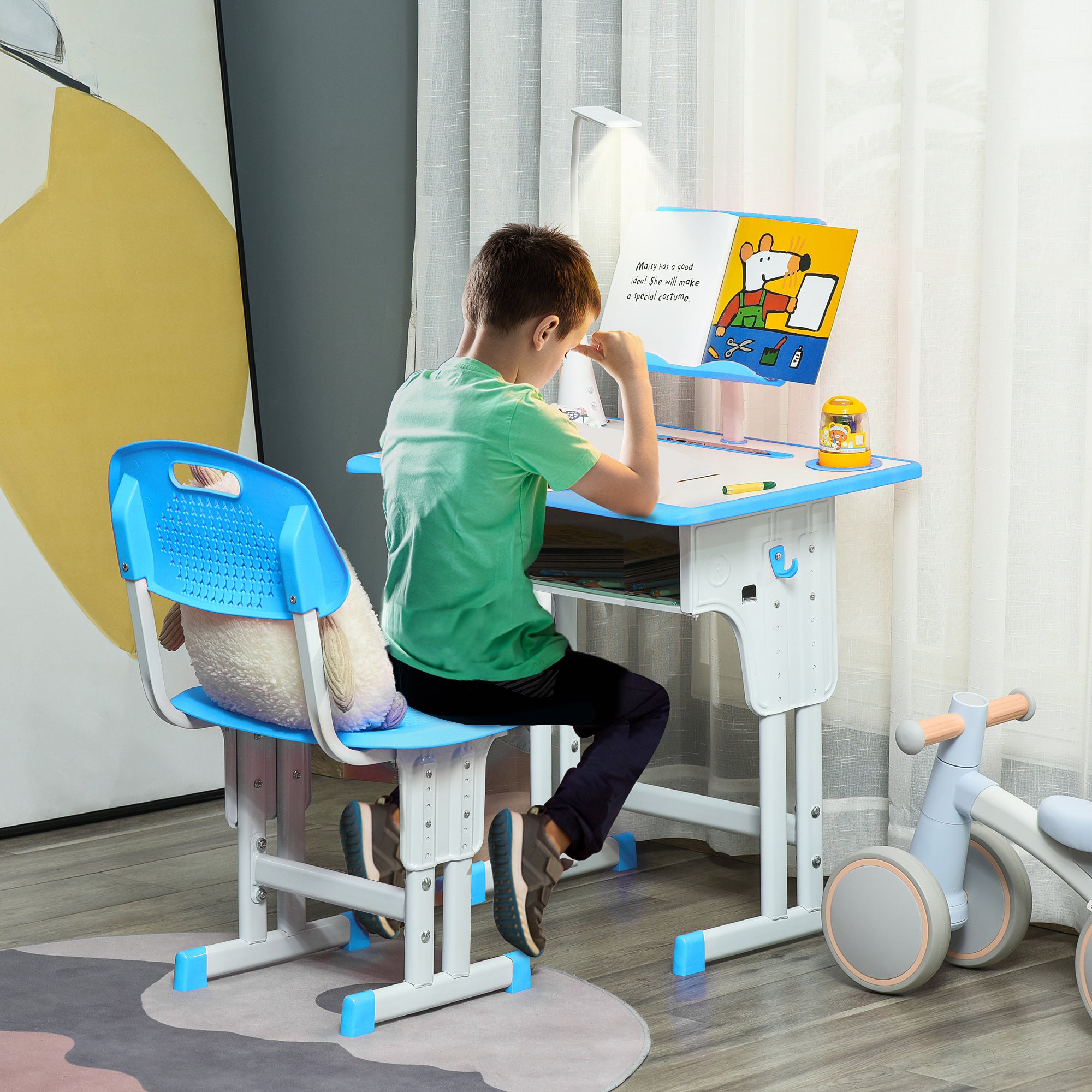 Easycomfort Banco Scuola con Sedia ad Altezza Regolabile e Luce per Bambini 6-12 Anni, Acciaio e MDF, Grigio