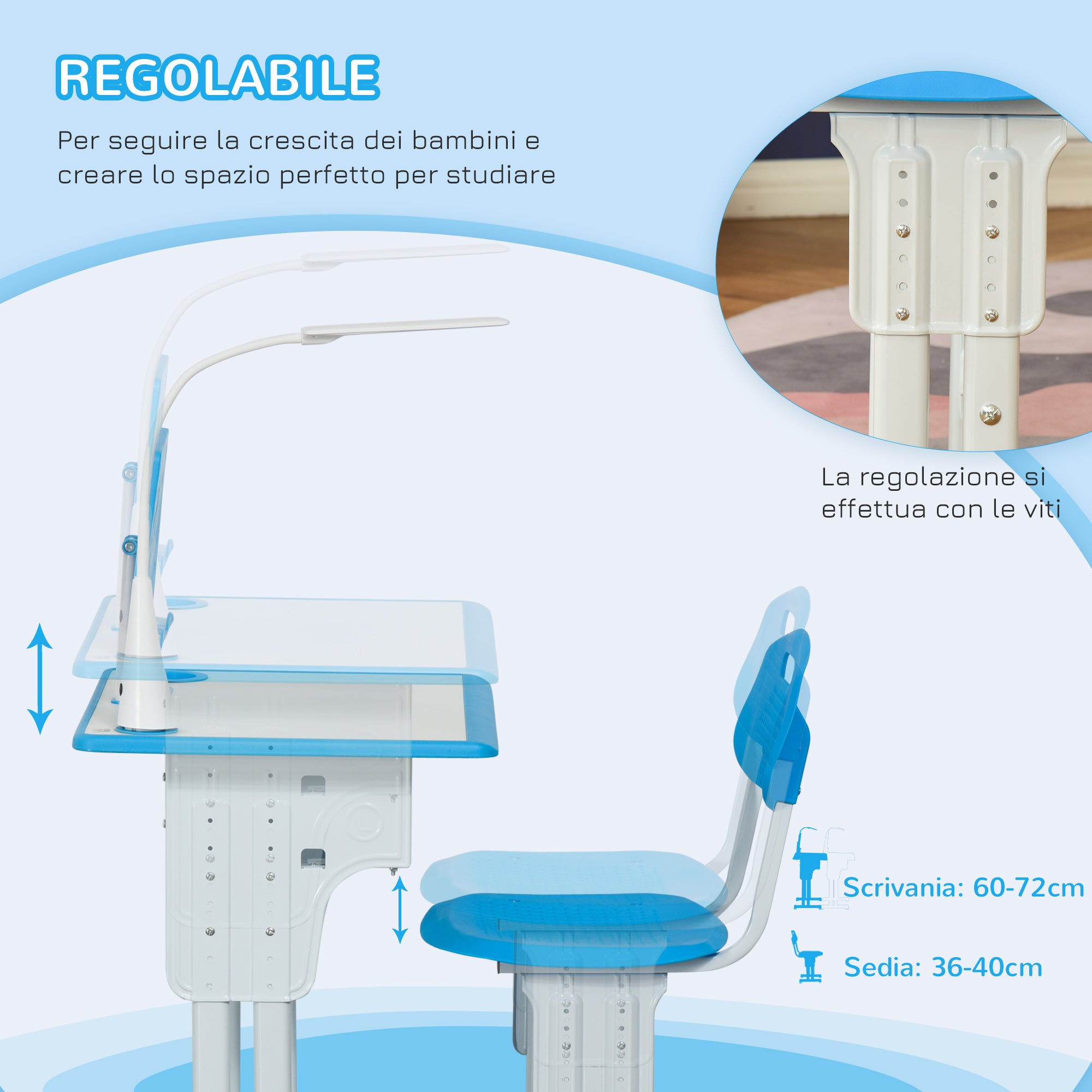 Easycomfort Banco Scuola con Sedia ad Altezza Regolabile e Luce per Bambini 6-12 Anni, Acciaio e MDF, Grigio