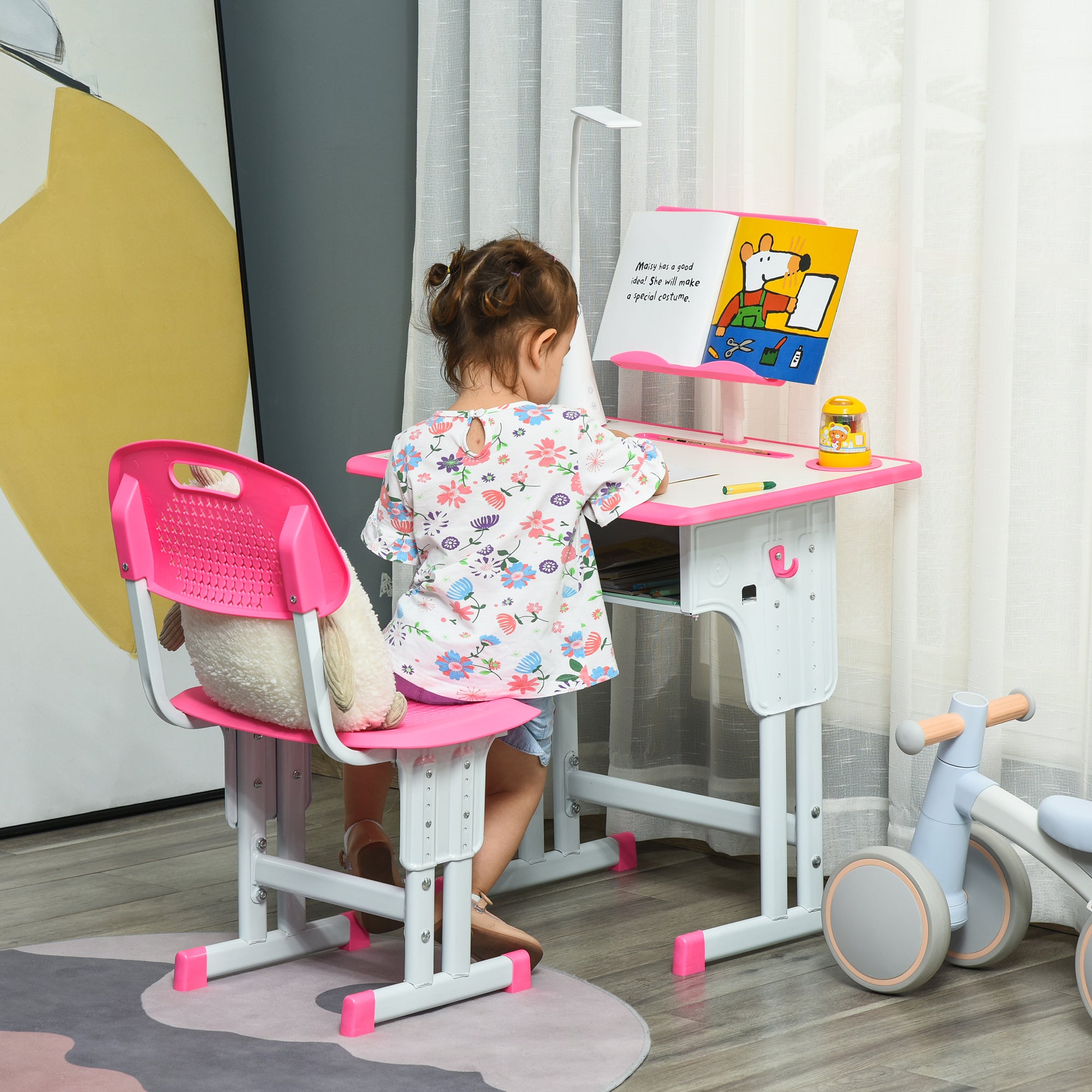 Easycomfort Banco Scuola con Sedia per Bambini 6-12 Anni Altezza Regolabile, Lampada LED, Leggio e Portapenne, Acciaio e MDF, Rosa