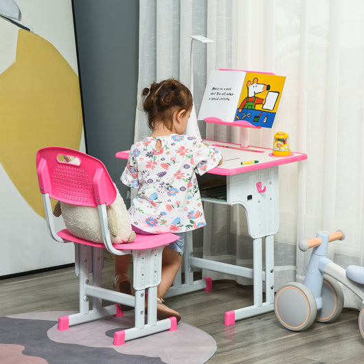 Easycomfort Banco Scuola con Sedia per Bambini 6-12 Anni Altezza Regolabile, Lampada LED, Leggio e Portapenne, Acciaio e MDF, Rosa